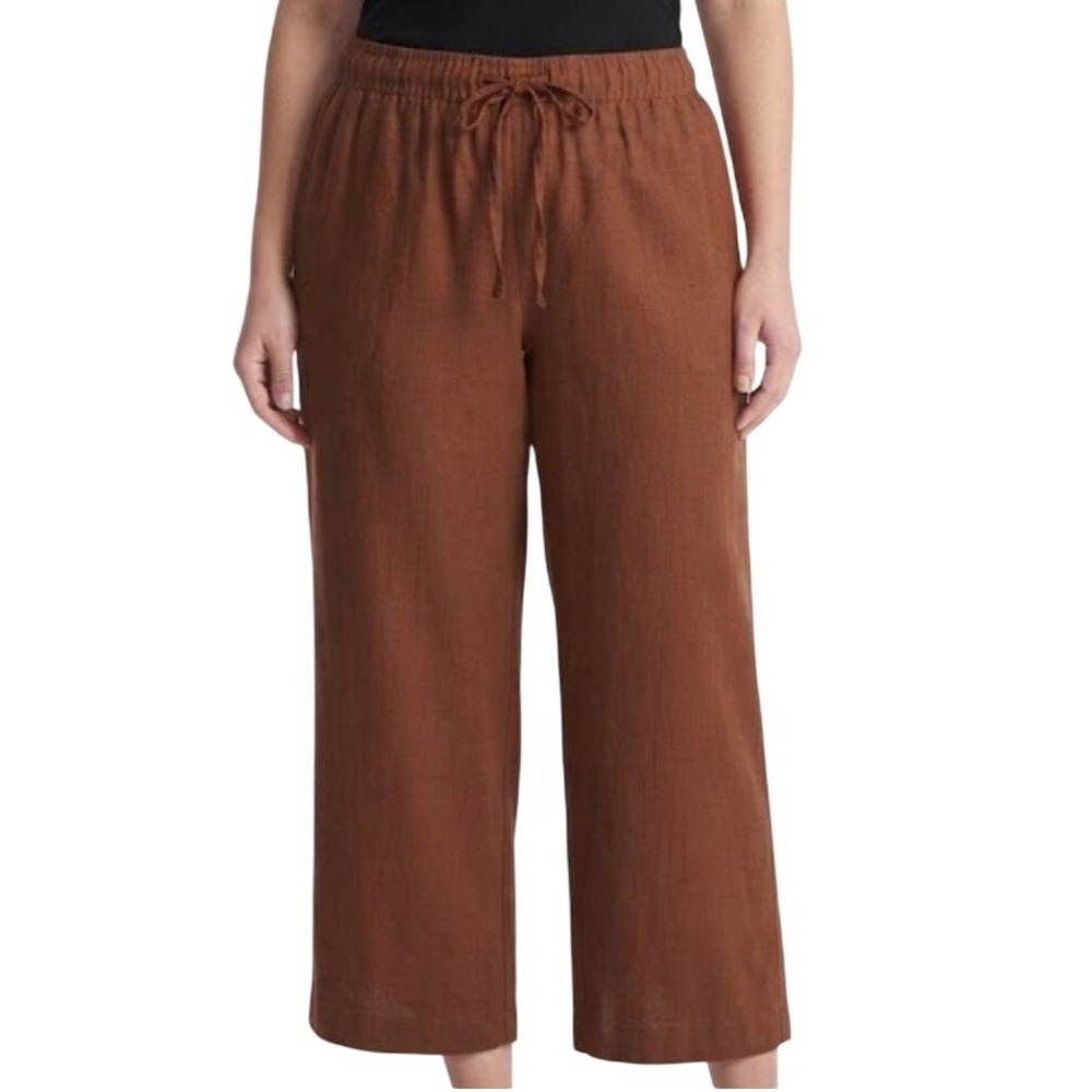 Terra & Sky Womens Plus 4X Linen Blend Pull On Crop Wide Leg Pant Brown NWT